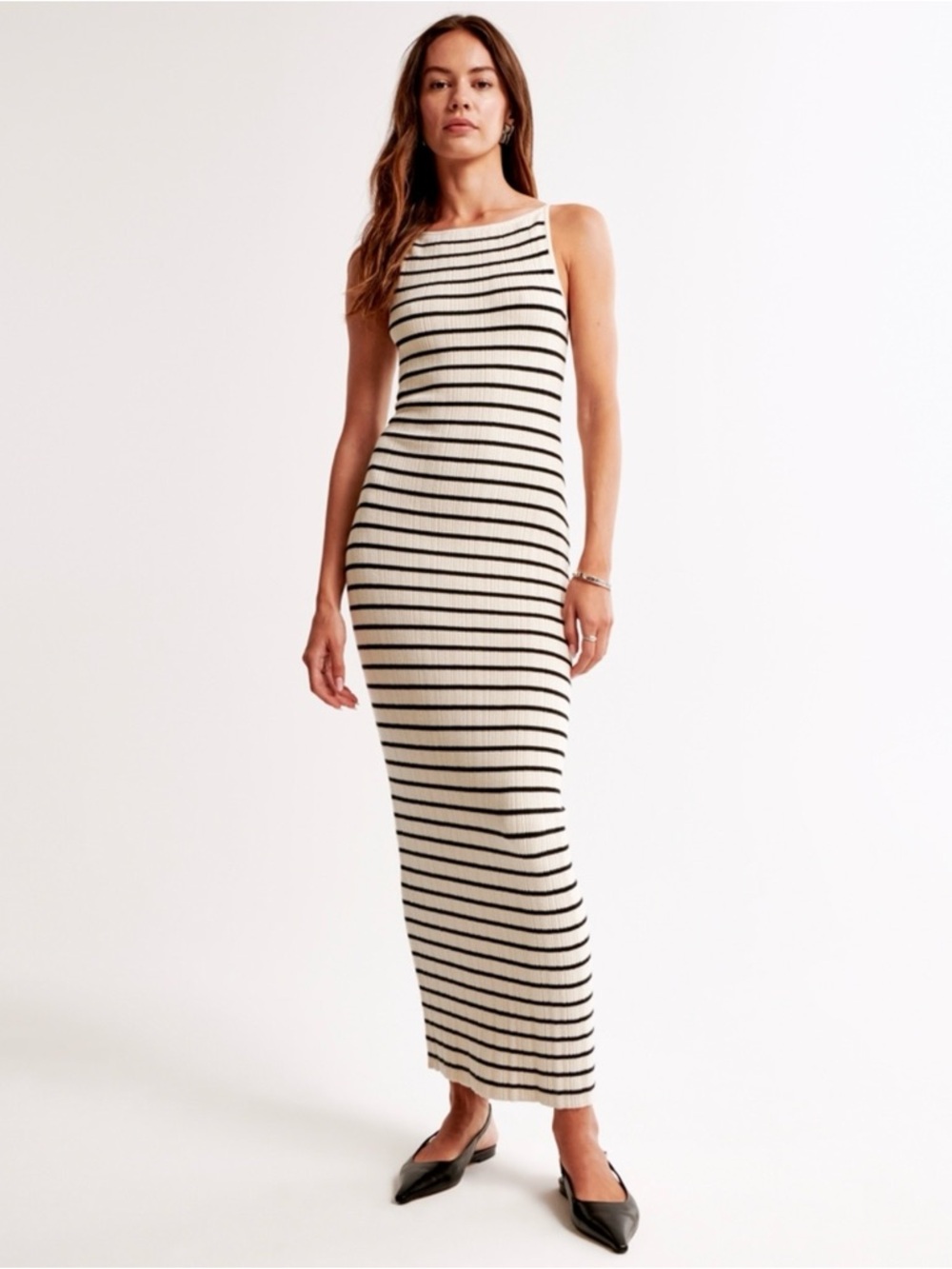 Abercrombie & Fitch Cream and Black Striped Ribbed Midi Dress